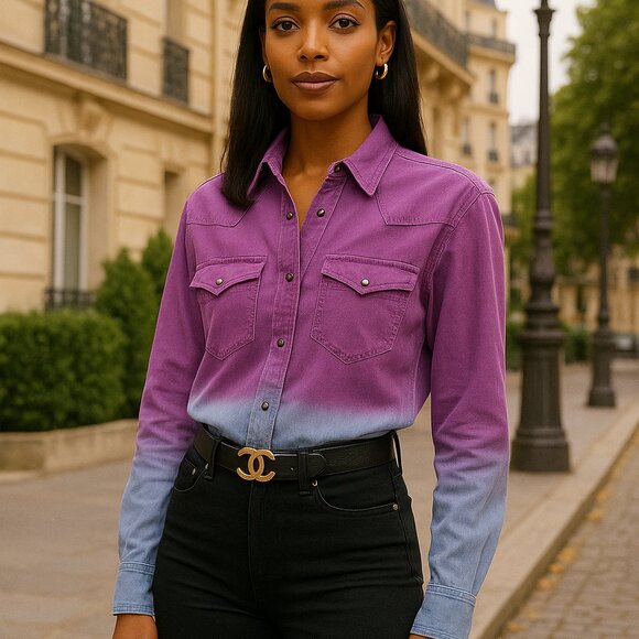 Isabel Marant Etoile Pitti Ombre Denim Western Pearl Snap Shirt Purple Pink Blue - Picture 10 of 10